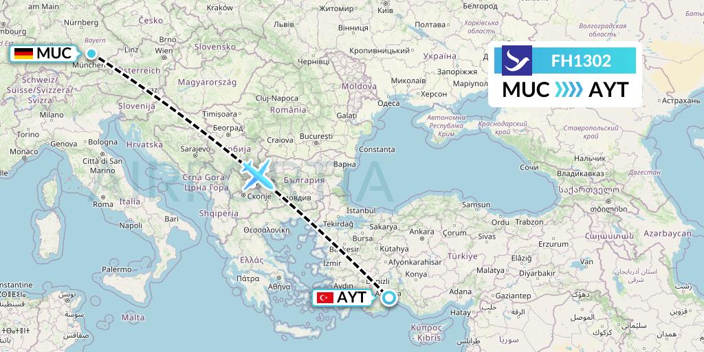 FH1302 Freebird Airlines Flight Map: Munich to Antalya