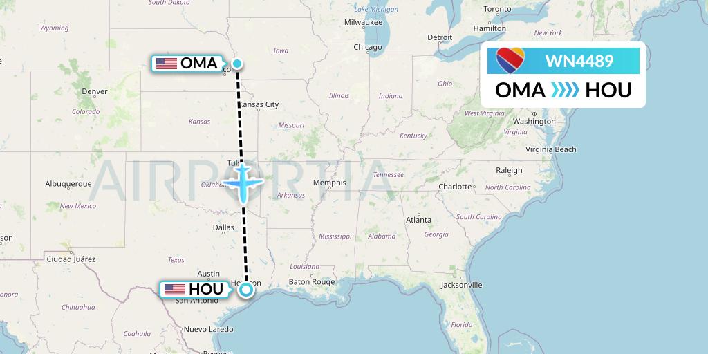 WN4489 Southwest Airlines Flight Map: Omaha to Houston