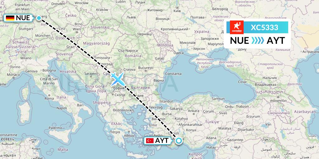 XC5333 Corendon Airlines Flight Map: Nurnberg to Antalya