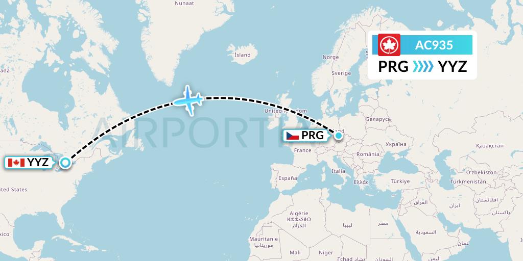 AC935 Air Canada Flight Map: Prague to Toronto