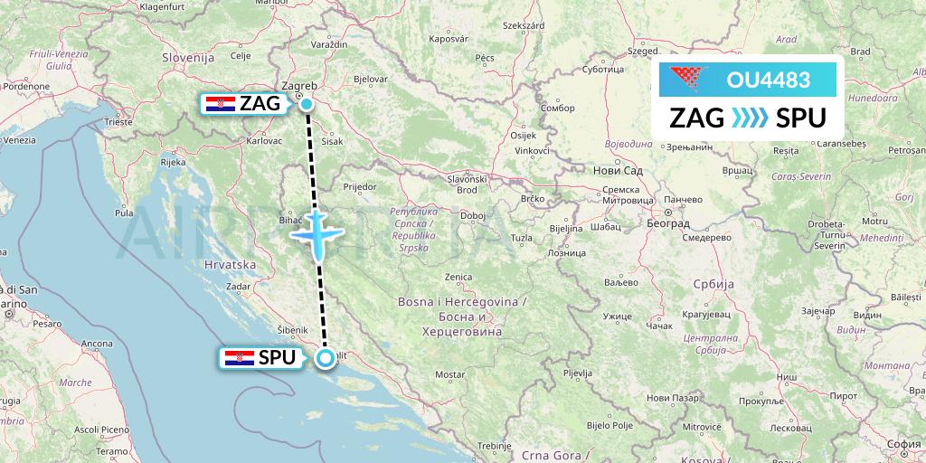 OU4483 Croatia Airlines Flight Map: Zagreb to Split