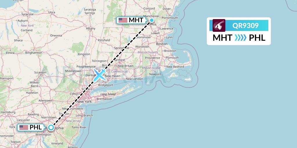 QR9309 Qatar Airways Flight Map: Manchester to Philadelphia