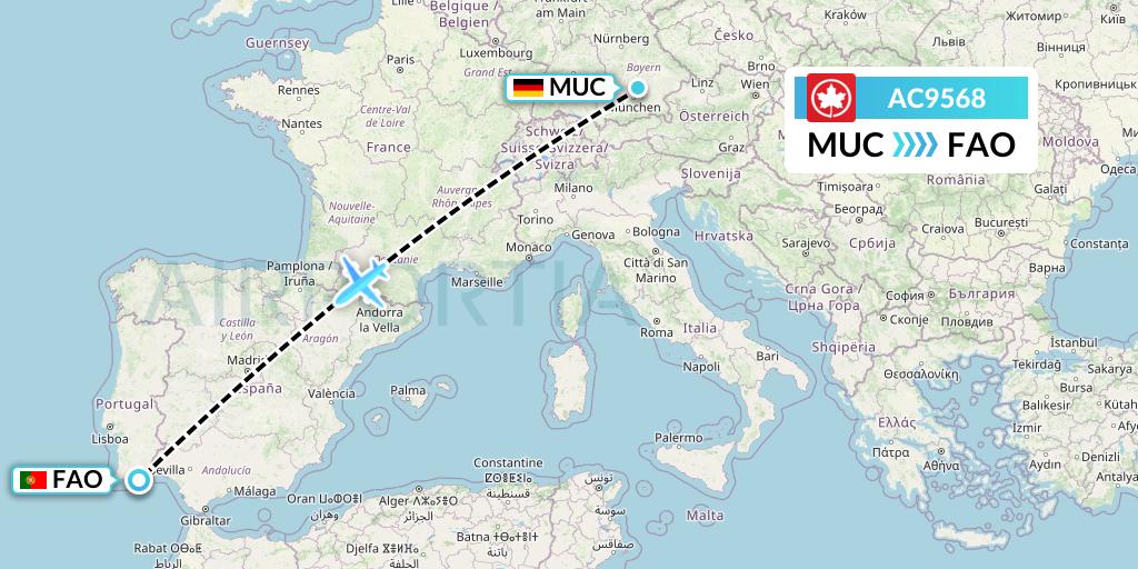 AC9568 Air Canada Flight Map: Munich to Faro