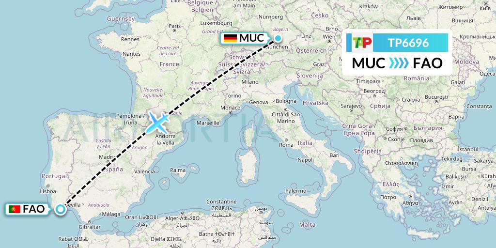TP6696 TAP Portugal Flight Map: Munich to Faro