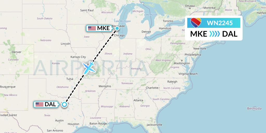 WN2245 Southwest Airlines Flight Map: Milwaukee to Dallas