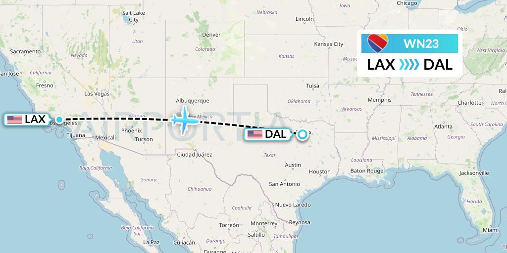 WN23 Southwest Airlines Flight Map: Los Angeles to Dallas