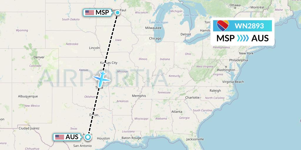 WN2893 Southwest Airlines Flight Map: Minneapolis to Austin
