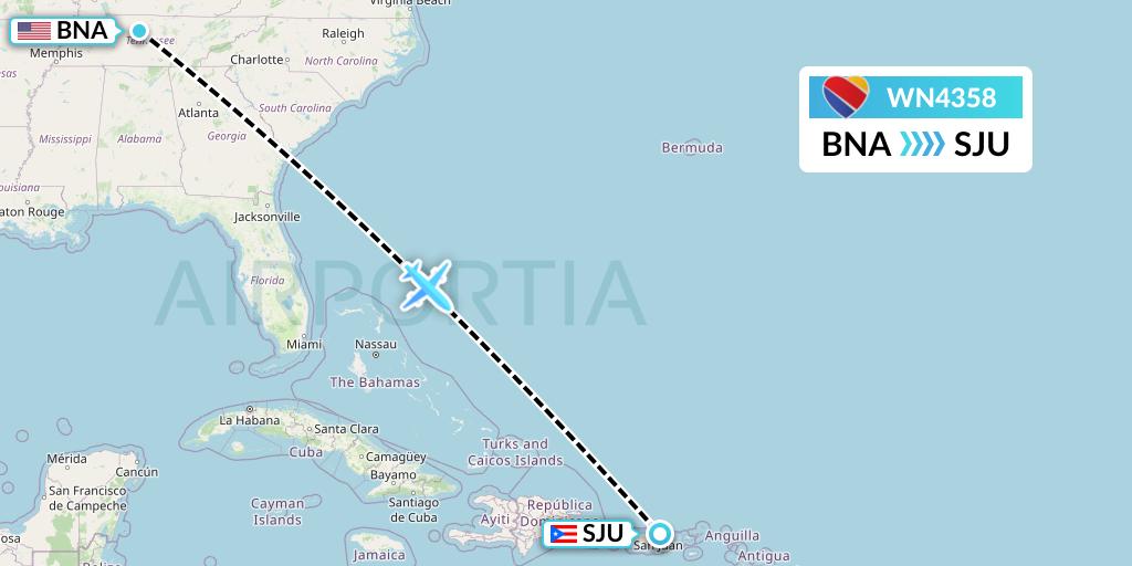 WN4358 Southwest Airlines Flight Map: Nashville to San Juan
