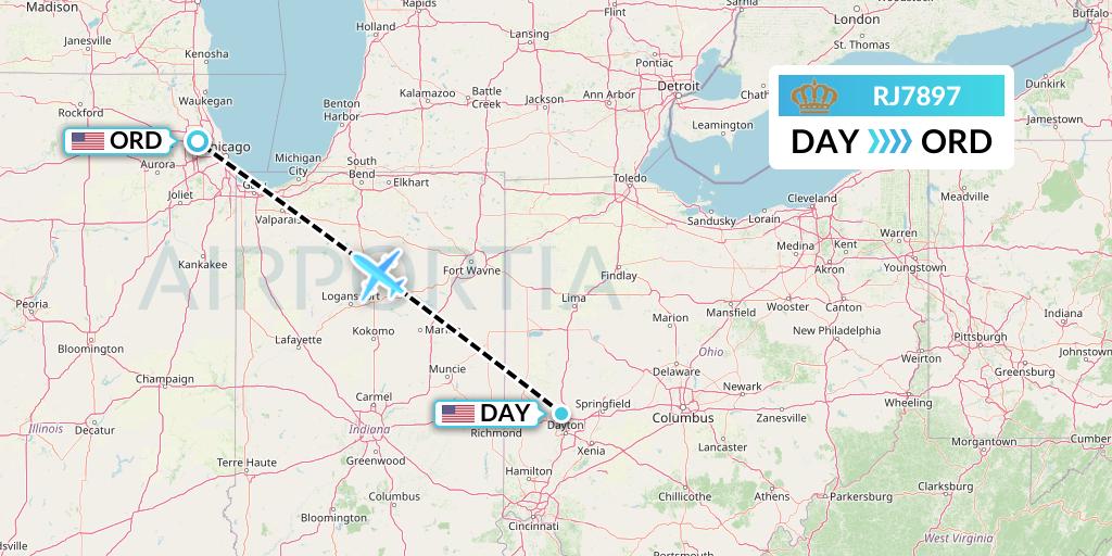 RJ7897 Royal Jordanian Flight Map: Dayton to Chicago