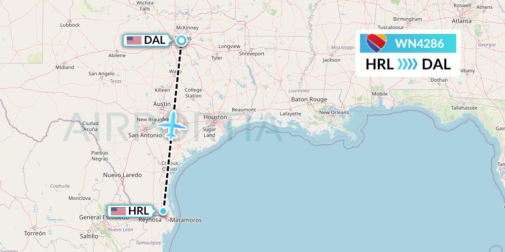 WN4286 Southwest Airlines Flight Map: Harlingen to Dallas