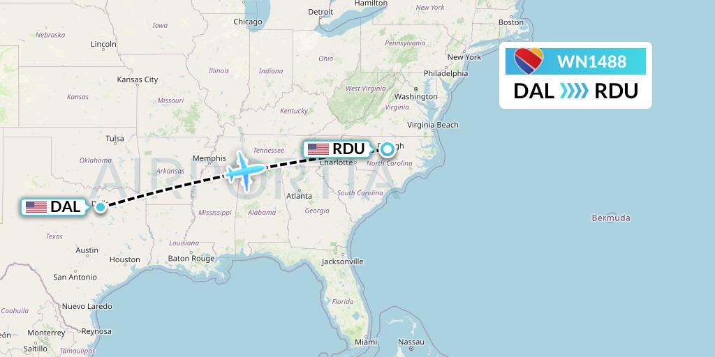 WN1488 Southwest Airlines Flight Map: Dallas to Raleigh-Durham