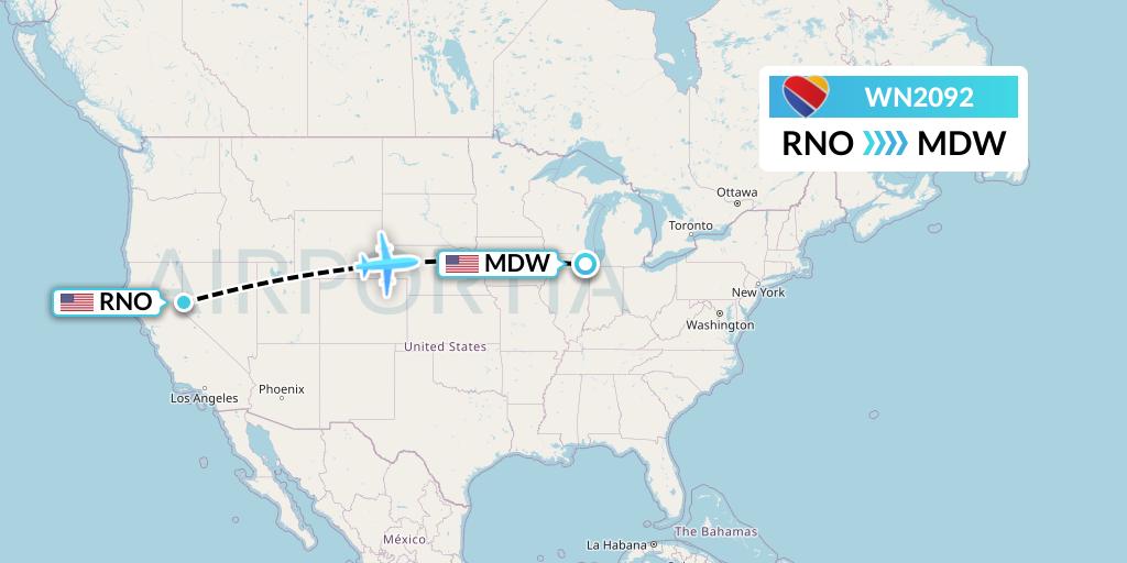 WN2092 Southwest Airlines Flight Map: Reno to Chicago