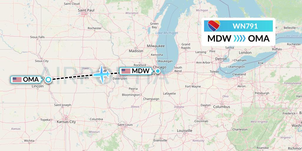 WN791 Southwest Airlines Flight Map: Chicago to Omaha