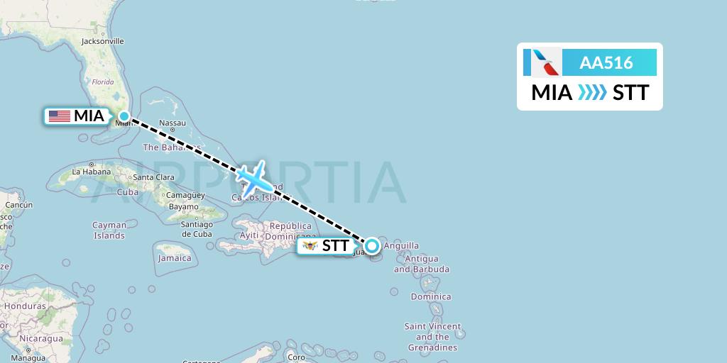AA516 American Airlines Flight Map: Miami to St. Thomas