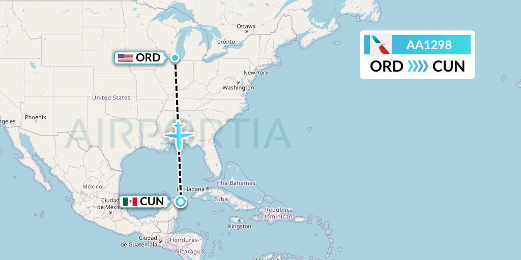 AA1298 American Airlines Flight Map: Chicago to Cancun