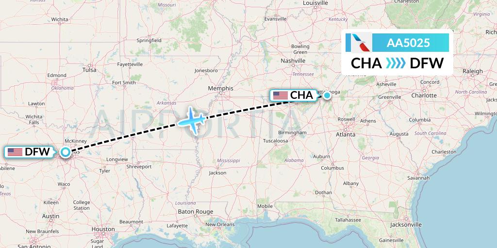 AA5025 American Airlines Flight Map: Chattanooga to Dallas