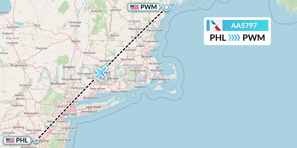 AA5797 American Airlines Flight Map: Philadelphia to Portland