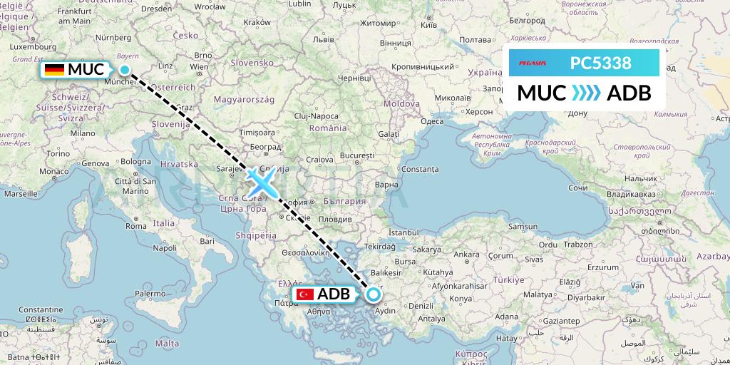 PC5338 Pegasus Airlines Flight Map: Munich to Izmir