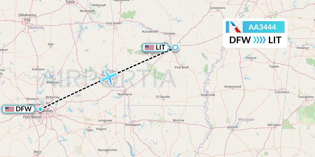 AA3444 American Airlines Flight Map: Dallas to Little Rock