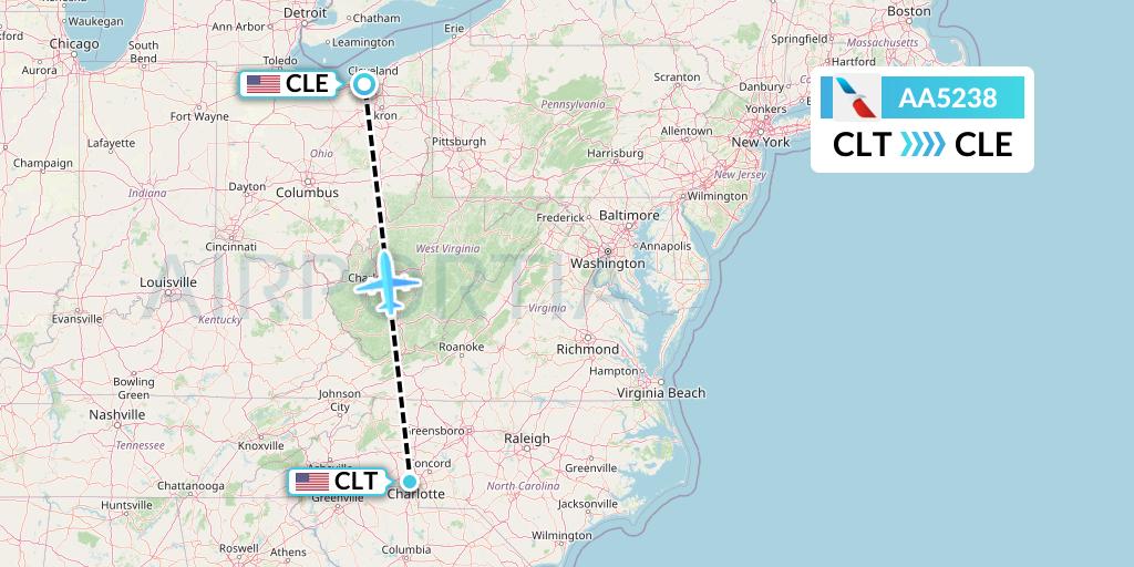 AA5238 American Airlines Flight Map: Charlotte to Cleveland