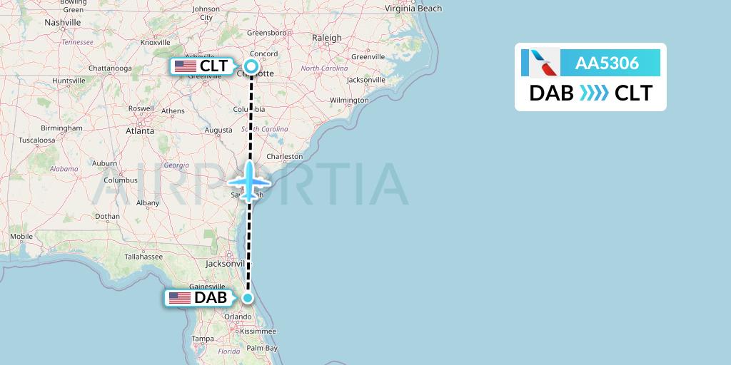 AA5306 American Airlines Flight Map: Daytona Beach to Charlotte