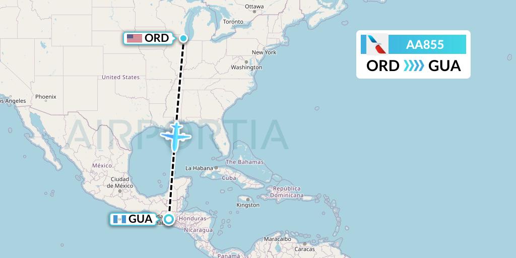 AA855 American Airlines Flight Map: Chicago to Guatemala City