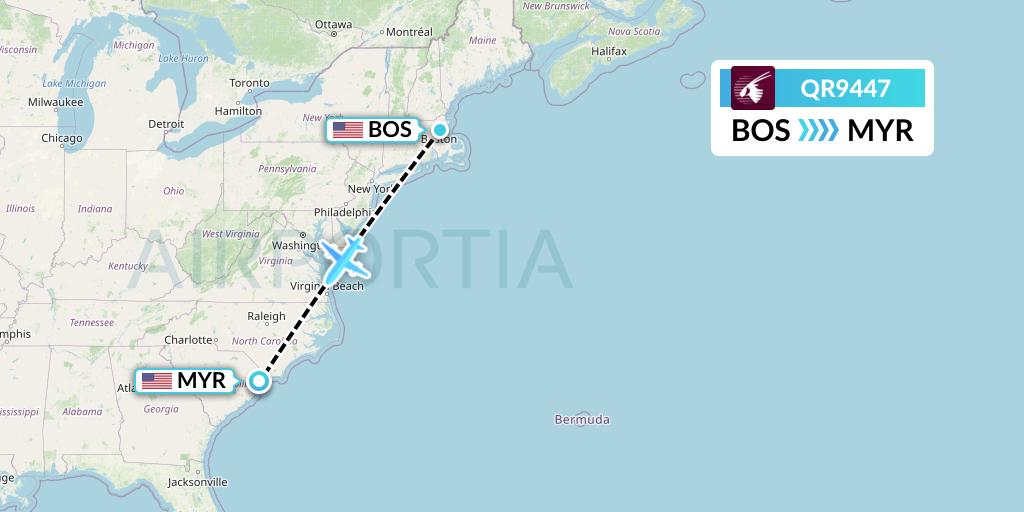 QR9447 Qatar Airways Flight Map: Boston to Myrtle Beach