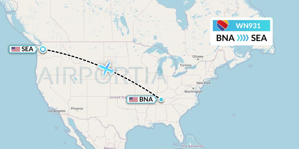 WN931 Southwest Airlines Flight Map: Nashville to Seattle