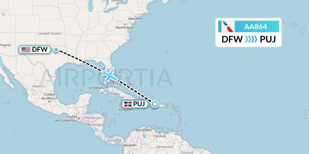AA864 American Airlines Flight Map: Dallas to Punta Cana