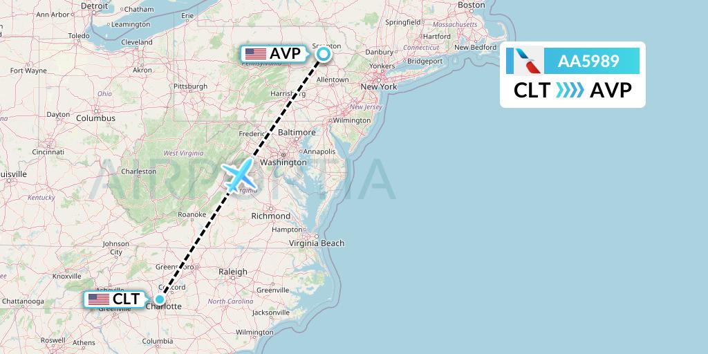 AA5989 American Airlines Flight Map: Charlotte to Avoca