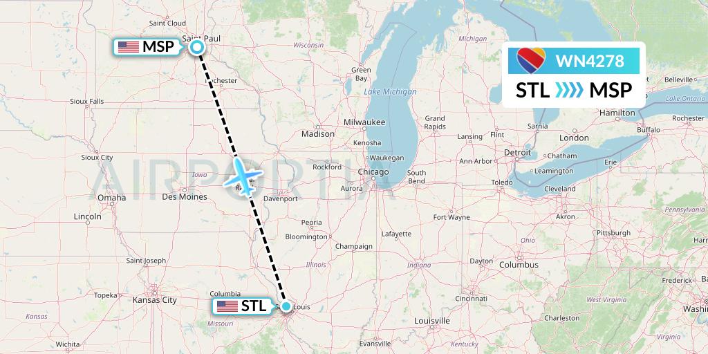 WN4278 Southwest Airlines Flight Map: St. Louis to Minneapolis