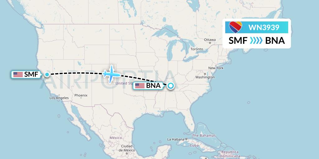 WN3939 Southwest Airlines Flight Map: Sacramento to Nashville