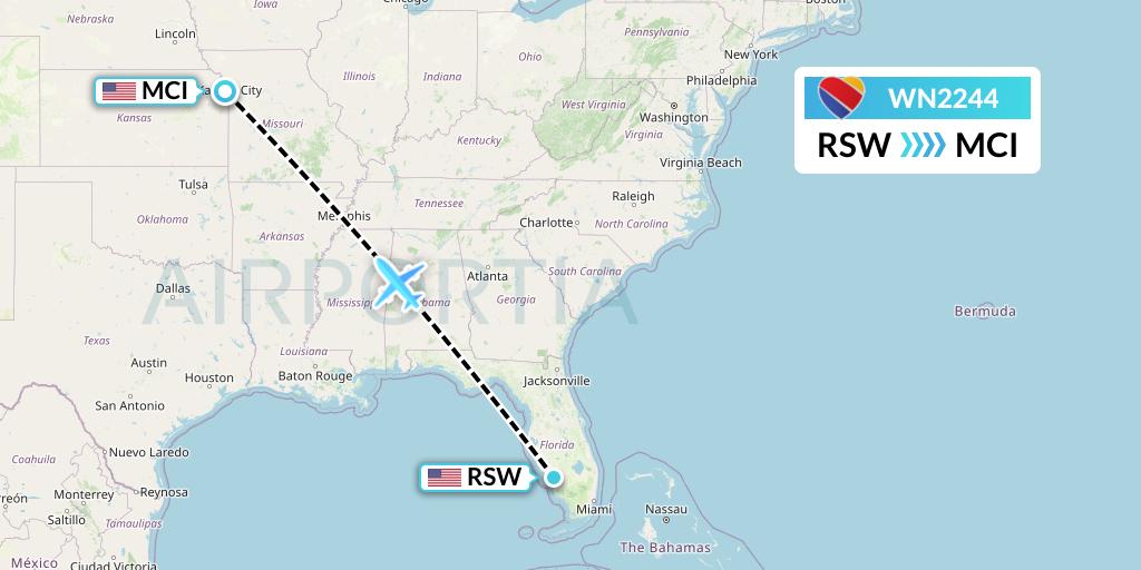 WN2244 Southwest Airlines Flight Map: Fort Myers to Kansas City