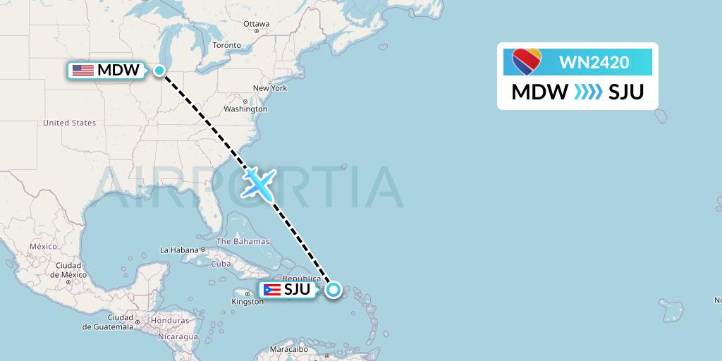 WN2420 Southwest Airlines Flight Map: Chicago to San Juan