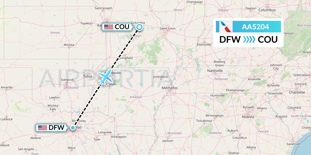 AA5204 American Airlines Flight Map: Dallas to Columbia