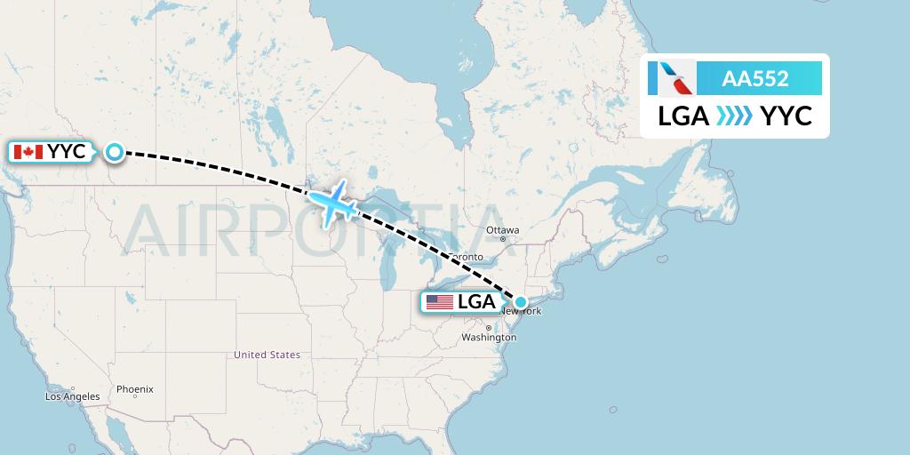AA552 American Airlines Flight Map: New York to Calgary