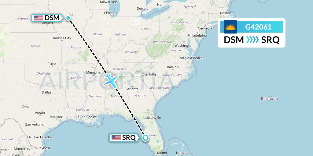G42061 Allegiant Air Flight Map: Des Moines to Sarasota