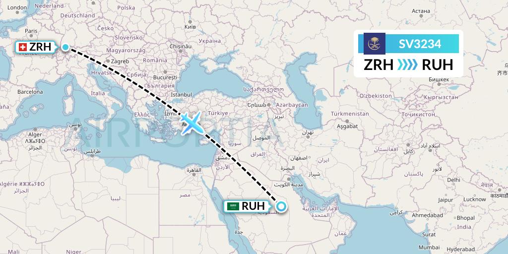 SV3234 Saudi Arabian Airlines Flight Map: Zurich to Riyadh