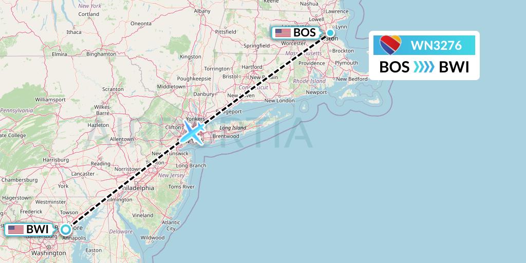 WN3276 Southwest Airlines Flight Map: Boston to Baltimore