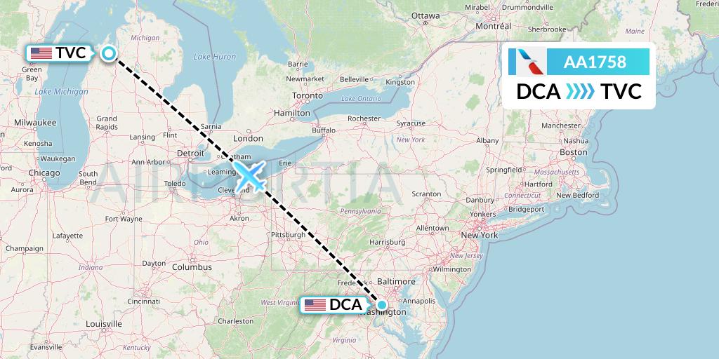 AA1758 American Airlines Flight Map: Washington to Traverse City