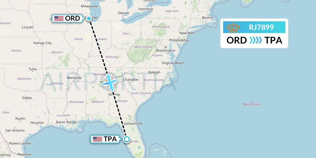 RJ7899 Royal Jordanian Flight Map: Chicago to Tampa