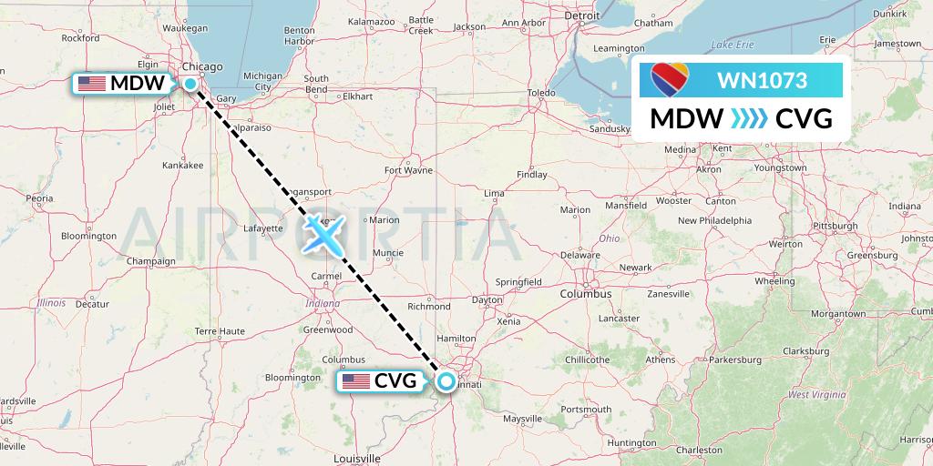 WN1073 Southwest Airlines Flight Map: Chicago to Cincinnati
