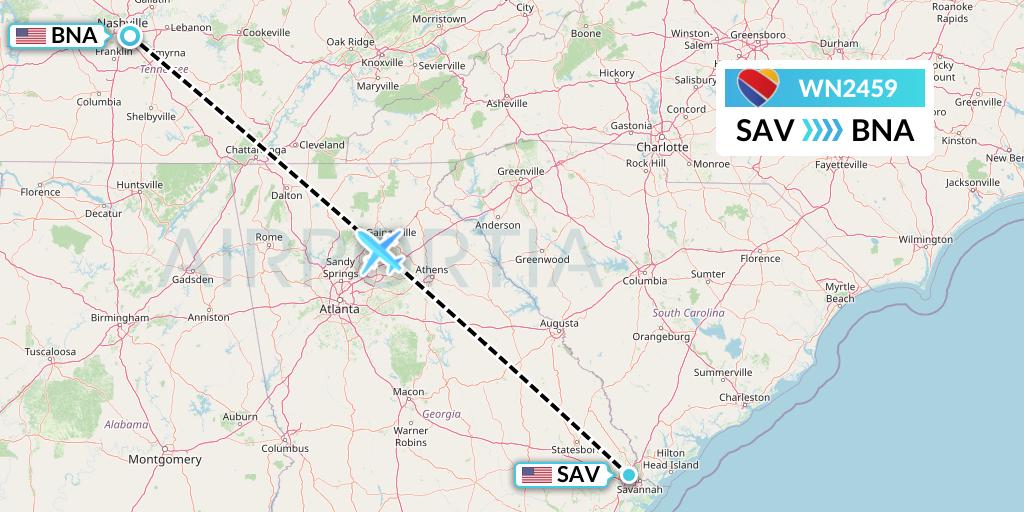 WN2459 Southwest Airlines Flight Map: Savannah to Nashville