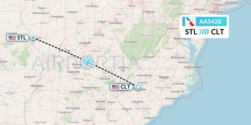 AA5428 American Airlines Flight Map: St. Louis to Charlotte