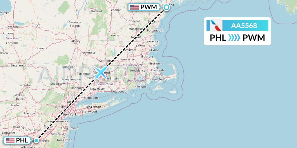 AA5568 American Airlines Flight Map: Philadelphia to Portland