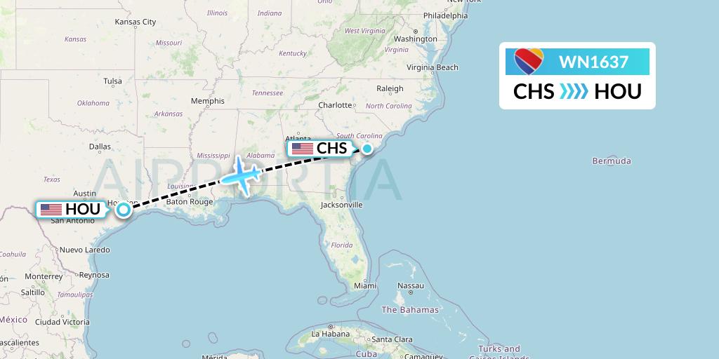 WN1637 Southwest Airlines Flight Map: Charleston to Houston