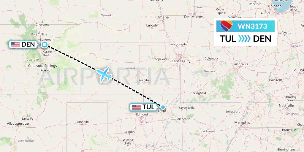 WN3173 Southwest Airlines Flight Map: Tulsa to Denver