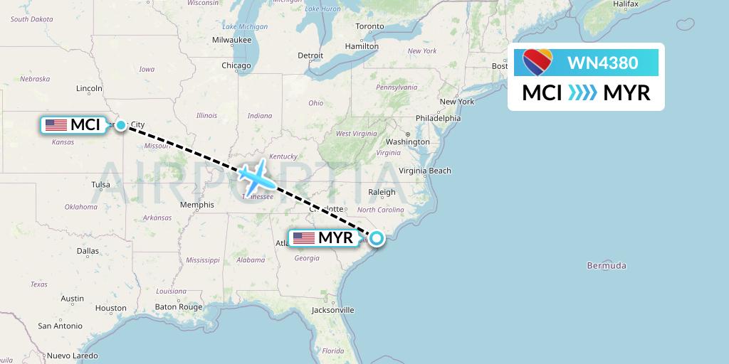 WN4380 Southwest Airlines Flight Map: Kansas City to Myrtle Beach