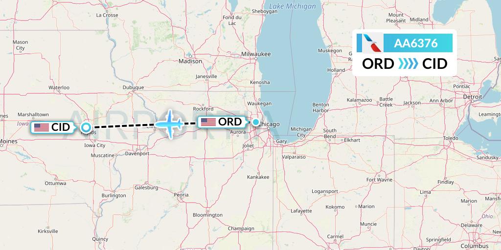 AA6376 American Airlines Flight Map: Chicago to Cedar Rapids