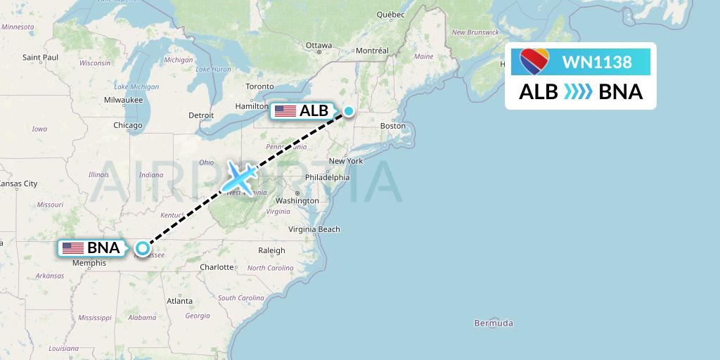 WN1138 Southwest Airlines Flight Map: Albany to Nashville